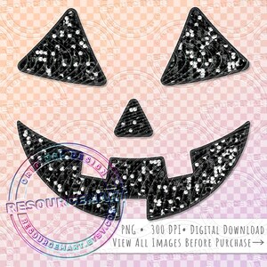 Può includere: Elementi di design digitale a tema Halloween in bianco e nero. Include una faccia di zucca con occhi, naso e bocca triangolari e frastagliati. Il design ha una texture glitterata ed è un download digitale.