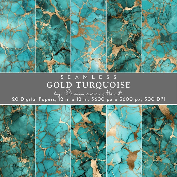 Gold Turquoise Digital Paper, 100% Papier, wunderschöne nahtlose Texturen, 100% Recycling Papier, 100% Recycling Papier, glamouröses Marmor Muster, türkise Tapete, Print on Demand