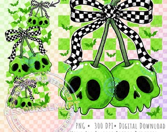 Skull Cherries PNG Design, Green Halloween Coquette Cherry Retro Checker Bow with Sleeve graphic for sublimation t-shirt tee shirt
