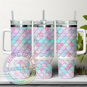 Diseño de envoltura para vaso de escamas de sirena pastel de 40 oz, plantilla de prensa para vaso Stanley Quencher de 40 oz, sublimación sin costuras con brillo iridiscente