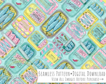 Pastel Sardines Seamless Pattern,  preppy summer fisherman aesthetic Digital Paper for Fabric and Crafts