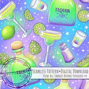 Könnte beinhalten: Nahtloses Muster mit Margaritagläsern, Tequilaflaschen, Limettenscheiben, Schnapsgläsern und einem Salzstreuer. Das Design hat einen farbenfrohen Hintergrund mit dem Wort "TEQUILA".