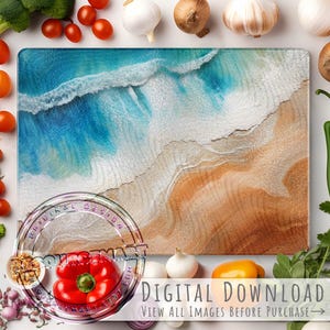 Ocean Wave Glass Sublimation Cutting Board Design, large template png, beach blue epoxy resin and woodgrain, print on demand download file