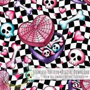 May include: Seamless digital pattern featuring a heart-shaped box with a spiderweb design, filled with skulls and bones. The design includes pink hearts, skulls, and bones on a black and white checkered background. The text reads "SEAMLESS PATTERN • DIGITAL DOWNLOAD".