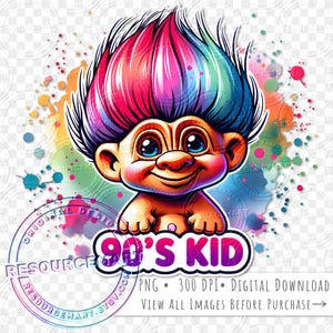 90er Jahre Nostalgie PNG Grafikdatei, Print on Demand, 90er Jahre Baby Troll T-Shirt-T-Shirt-Design, Einkaufstaschensublimation, Wasserschiebebecher, libbey Glasdose