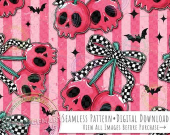 Skull Cherries Seamless Pattern, Halloween Coquette Cherry Retro Checker Bow on grunge stripes seamless file digital paper