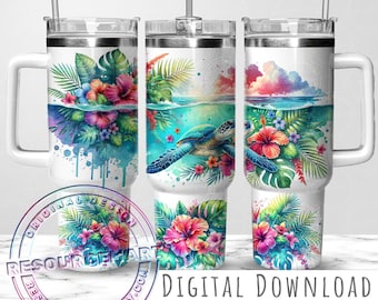 40oz Tropical Sea Turtle Tumbler Wrap Design, 40 ounce watercolor stanley seamless sublimation cup, 40 oz hawaiian hibiscus summer beach cup
