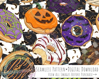 Halloween Donuts Seamless Pattern, retro checker background seamless file, jack o lantern mummy bats vampire & witch digital paper