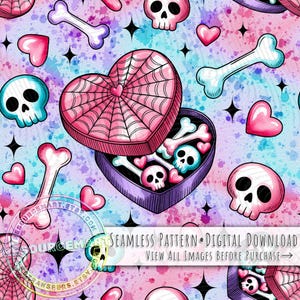 Creepy Valentine Seamless Pattern, Goth Spooky Candy Box With Skulls Bones and Stars on Grunge Pastel Ombre