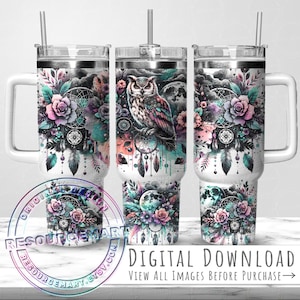 Seamless 40oz Tumbler Wrap Design, pastel boho owl sublimation 40 ounce stanley quencher handle cup, 40 oz floral celestial dreamcatcher