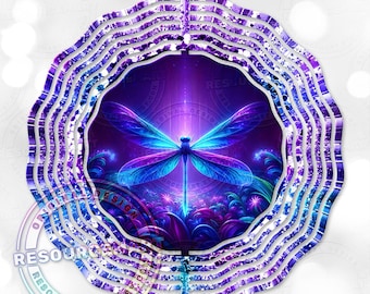 May include: A decorative wind spinner featuring a vibrant dragonfly design. The artwork showcases a dragonfly with blue and purple wings, set against a purple and blue floral background. The outer layers have a wavy, layered design with glitter accents.