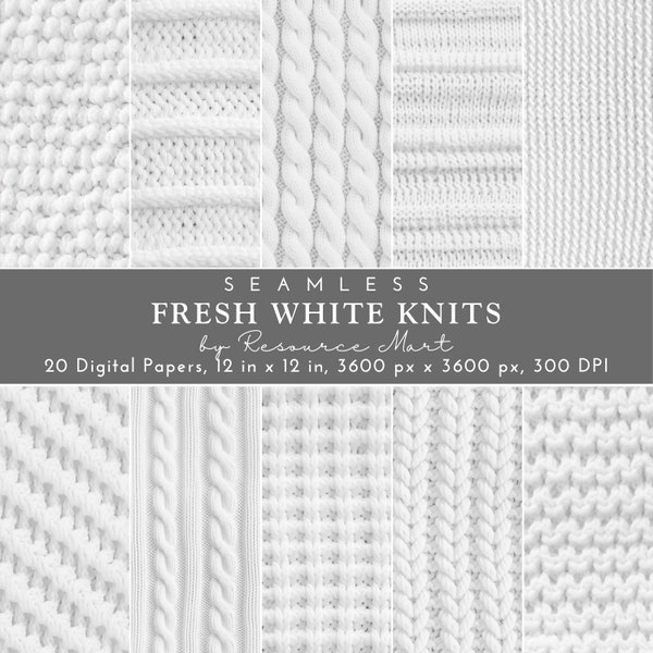 White Sweater Knit Winter Digital Paper, seamless printable scrapbook paper, trompe l'oeil background wool texture wallpaper print on demand