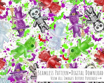 Halloween Sour Candy Kids Seamless Pattern, spooky horror print background seamless file digital paper, witch, vampire, ghost, zombie