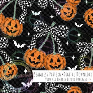 Pumpkin Cherries With Checker Bows seamless pattern, retro orange black & white halloween spooky vibes sublimation fabric print coquette png