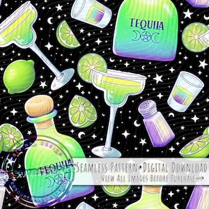 Nahtloses Muster „Mitternachts-Margaritas“, Sublimationsdesign „Zauberhafte Schwestern“, digitaler Halloween-Download, farbenfroher, pastellfarbener Hexenstoffdruck