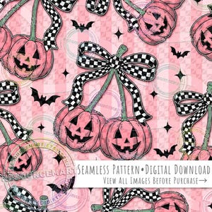 Halloween Pumpkin Cherries seamless pattern design, jack o lantern black white checkered bows sublimation distressed stripe fabric print png