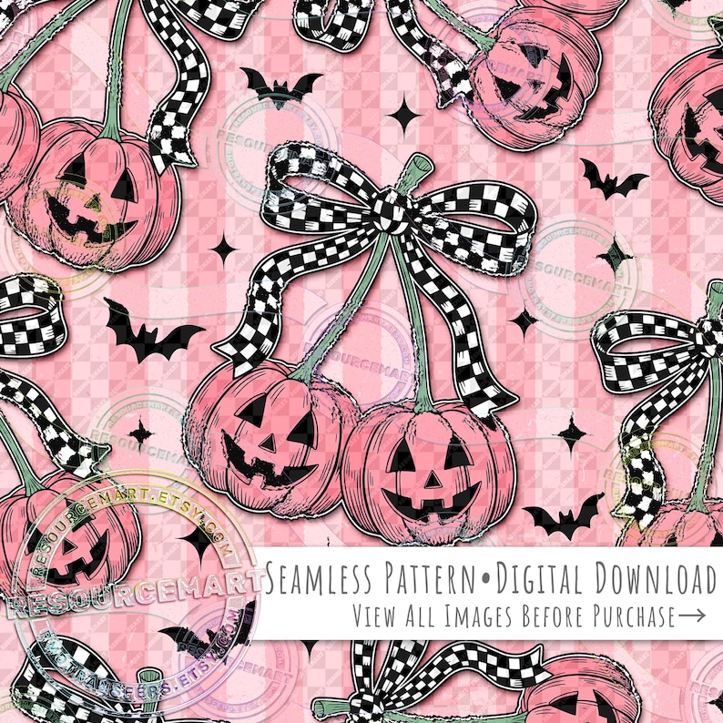 Halloween Pumpkin Cherries seamless pattern design, jack o lantern black white checkered bows sublimation distressed stripe fabric print png image 1