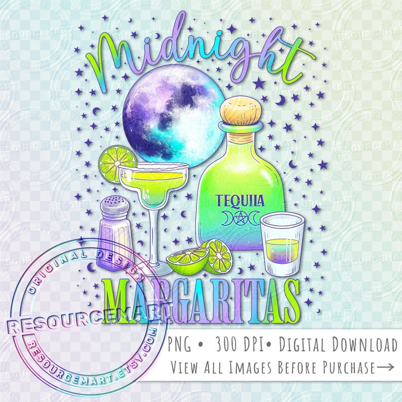 Midnight Margaritas PNG Graphic File, Practical Magic t-shirt sweatshirt design, Halloween spooky season tote bag, witchy glass can design image 2