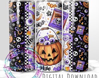 May include: Three Halloween-themed tumblers with a spooky design. The tumblers feature a black and white checkered pattern, candy, pumpkins, bats, and the text "Sweet & Spooky Gummies". The design includes a pumpkin bucket filled with eyeballs.