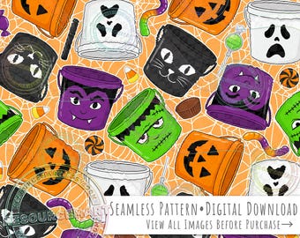 Halloween Trick or Treat Seamless Pattern, spooky horror retro candy pails buckets on orange background seamless file digital paper
