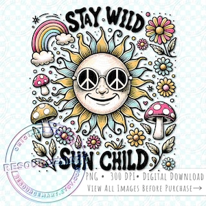 Bleib Wild Sun Child PNG Grafikdatei, Retro Vintage Sommer T-Shirt Tee Design, Sublimationslibbey Glasdosenbecher, bunte Diy Tote Bag