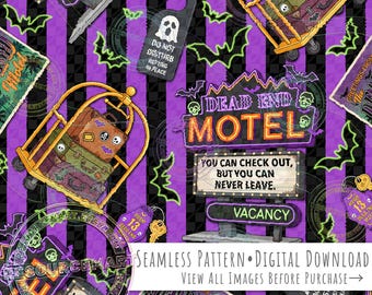 Haunted Motel Seamless Pattern, Halloween Retro Dead End Motel Neon Sign on purple goth stripes background seamless file digital paper