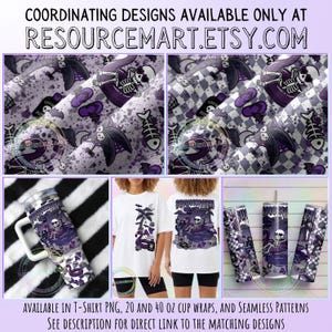 May include: A collection of coordinating designs featuring a skeleton theme. The designs include fabric patterns, a tumbler, and t-shirts. The text "COORDINATING DESIGNS AVAILABLE ONLY AT RESOURCEMART.ETSY.COM" is at the top. The text "AVAILABLE IN T-SHIRT PNG, 20 AND 40 OZ CUP WRAPS, AND SEAMLESS PATTERNS SEE DESCRIPTION FOR DIRECT LINK TO THE MATCHING DESIGNS" is at the bottom.