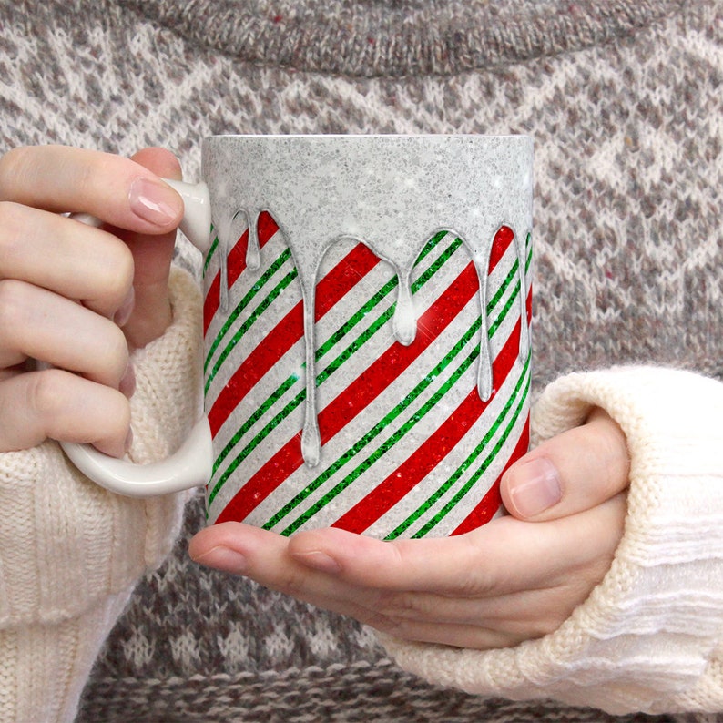 Glittery Candy Cane Mug Wrap PNG, 11oz 12oz 15 Oz Sparkly Bling