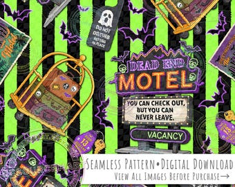 Haunted Motel Seamless Pattern, Halloween Retro Dead End Motel Neon Sign on green goth stripes background seamless file digital paper