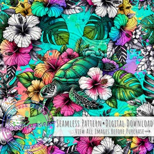 Wasserschildkröte nahtlose Muster, Sublimation Design digitale Download-Datei, Sommer Druck, türkis Hawaiianische Hibiskus & Monstera