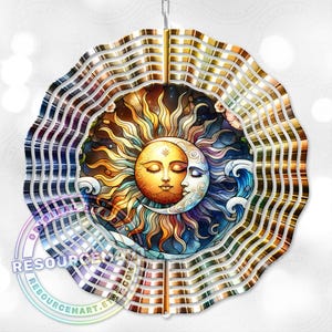 3d Celestial Wind Spinner Sublimation Design, digital download, 10 inch png, sun & moon colorful astrology outdoor garden yard decor