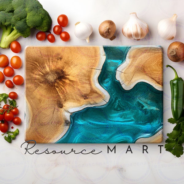 Ocean Blue & Wood Glass Sublimation Cutting Board Design, large template png, teal epoxy resin and woodgrain, print on demand download file