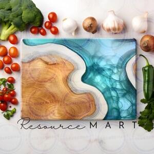 Conception de planche à découper en sublimation en verre bleu océan et bois, grand modèle png, résine époxy bleu sarcelle et grain de bois, impression à la demande fichier à télécharger