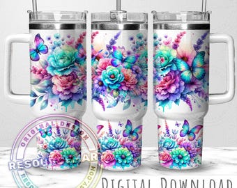 Watercolor Butterflies Seamless 40oz Tumbler Wrap Design, 40 ounce stanley quencher sublimation template, 40 oz summer pastel floral cup
