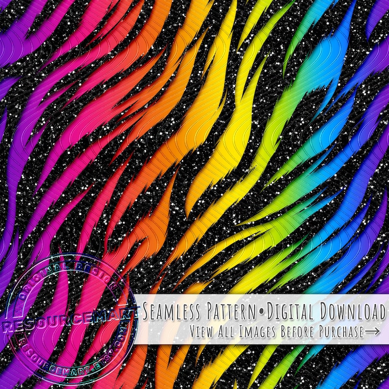 K&ouml;nnte beinhalten: Nahtloses digitales Muster mit regenbogenfarbenen, strukturierten Streifen auf einem schwarzen, glitzernden Hintergrund. Das Design enth&auml;lt den Text "SEAMLESS PATTERN &bull; DIGITAL DOWNLOAD" und "VIEW ALL IMAGES BEFORE PURCHASE".