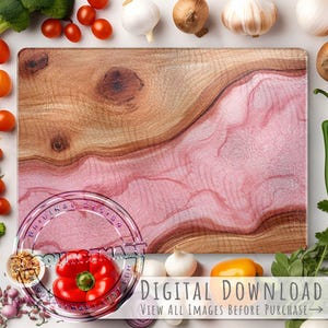 Rose Quartz & Wood Glass Sublimation Cutting Board Design, large template png, pink epoxy resin and woodgrain, print on demand download file
