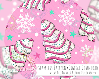 Christmas Tree Cake Seamless Pattern, holiday food seamless file digital paper, pastel pink & mint sweets retro nostalgic festive print