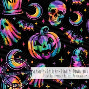 Regenbogen Halloween Muster, gruselige Vibes, gemalter Kürbis Geist Fledermaus Hexenhut Sublimationsdruck png, Herbst 90er Jahre Retro