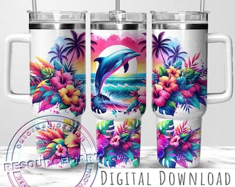 40oz Dolphin Tumbler Wrap Design, 40 ounce stanley cup sublimation graphic, 40 oz tropical summer beach, colorful neon hibiscus floral png