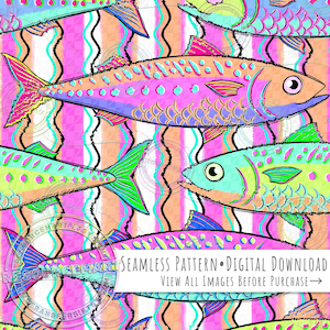 May include: A colourful, seamless pattern of fish in pink, blue, green, and orange. The fish are set against a background of vertical stripes and wavy lines. The text "SEAMLESS PATTERN • DIGITAL DOWNLOAD" is also present.