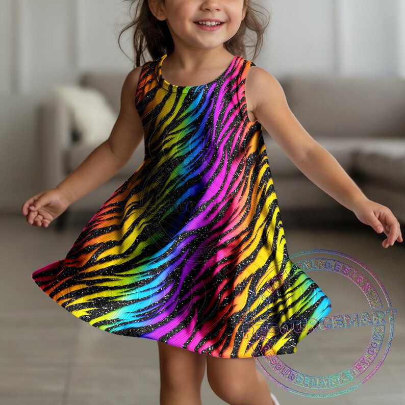 K&ouml;nnte beinhalten: &Auml;rmelloses Kleid mit auff&auml;lligem Regenbogen-Zebramuster. Das Kleid zeigt einen Farbverlauf von Gelb, Orange, Rosa, Lila und Blau mit schwarzen Streifen und Glitzerdetails. Das Kleid ist f&uuml;r Kinder konzipiert.