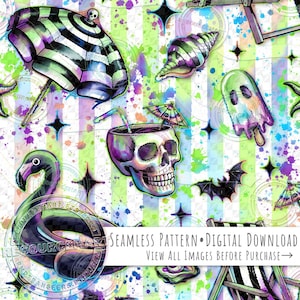 Könnte beinhalten: Nahtloses Muster mit Strandmotiv, mit einem Flamingo-Schwimmer, einem Totenkopf-Cocktail und einem gestreiften Sonnenschirm. Das Design umfasst ein Geister-Eis am Stiel, Muscheln und eine Fledermaus, alles vor dem Hintergrund farbenfroher Farbspritzer und vertikaler Streifen. Der Text lautet: SEAMLESS PATTERN • DIGITAL DOWNLOAD VIEW ALL IMAGES BEFORE PURCHASE →