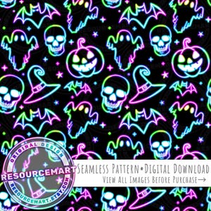 Neon Halloween seamless pattern, sublimation design digital download, neon bats skulls ghost pumpkin witch hat fabric print, tileable print
