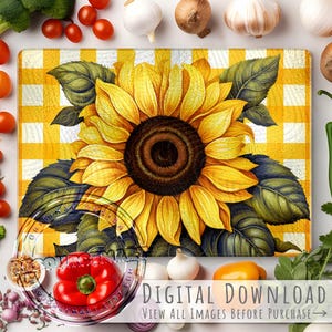 Retro-Farmhouse-Stil Sonnenblumenglas-Schneidebrett Sublimationsdesign, große Vorlage, gelbe Sonnenblumen und Gingham-Plaid, Vintage png
