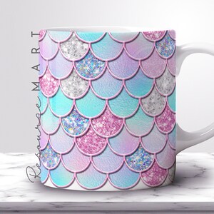 Pastel Mermaid Scales Mug Wrap Design, 11oz 12 oz 15 ounce sublimation template, 11 oz 12oz 15oz coffee cup press, glitter iridescent png