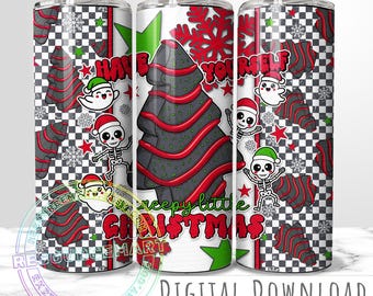 Creepy Little Christmas 20oz Tumbler Wrap Sublimation PNG, Funny Retro Holiday Goth Christmas Tree Cake Skeletons and Ghosts