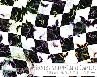 Halloween Bats Seamless Pattern, neon bats on retro checker background seamless file digital paper