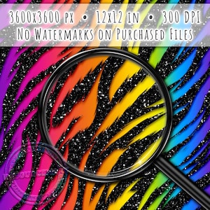 K&ouml;nnte beinhalten: Ein lebendiges, abstraktes digitales Design mit einem Regenbogen-Zebramuster. Das Bild wird durch eine Lupe betrachtet und enth&auml;lt den Text: 12x12 IN, 300 DPI und NO WATERMARKS ON PURCHASED FILES.