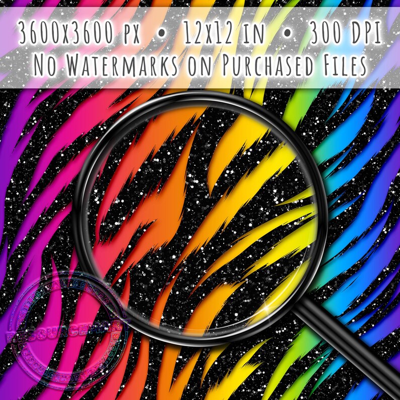 K&ouml;nnte beinhalten: Ein lebendiges, abstraktes digitales Design mit einem Regenbogen-Zebramuster. Das Bild wird durch eine Lupe betrachtet und enth&auml;lt den Text: 12x12 IN, 300 DPI und NO WATERMARKS ON PURCHASED FILES.