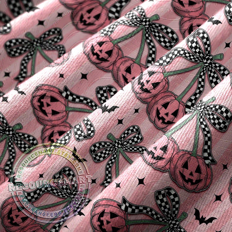 Halloween Pumpkin Cherries seamless pattern design, jack o lantern black white checkered bows sublimation distressed stripe fabric print png image 3